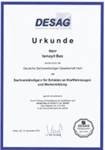 Zertifikat – Fahrzeugbewertung